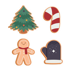 Christmas gingerbread cookie set. Christmas cookie, festive dessert. Decorated cookie isolated on white background. Tasty winter sweets. Vector illustration