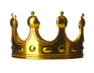 A shiny, golden royal crown, intricately detailed with a beaded design, against a black background