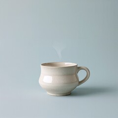 Elegant handcrafted ceramic coffee cup with steam on a minimalist pastel blue background.