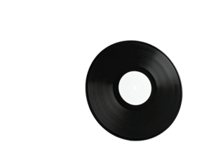 Isolated black vinyl record with white center label, set against a dark background