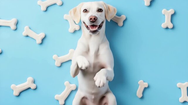 Happy dog joyfully jumps among floating bones on blue background