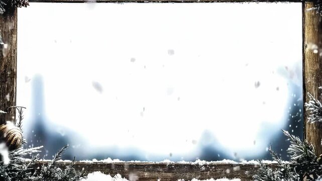 A wooden frame featuring a snow-covered winter landscape