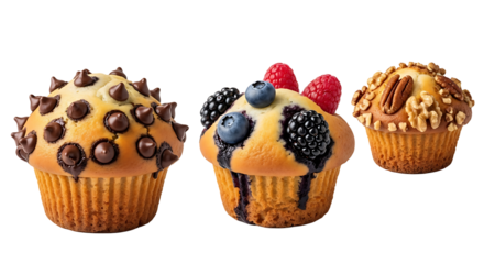 Variety of muffins with different toppings. isolated on transparent background