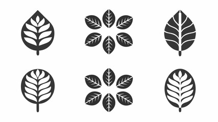 Collection of stylized leaf designs in black and white with varying shapes and arrangements displayed | editable eps vectors silhouette