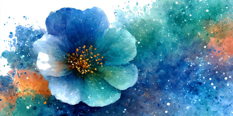 Fototapeta premium Single Blue Watercolor Flower with Abstract Splatter Background and Glitter Effect