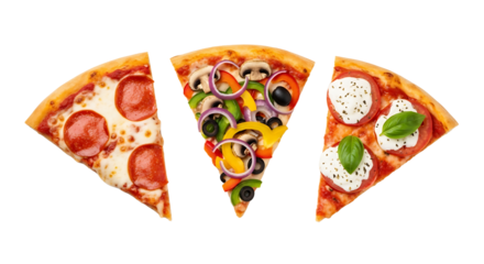 Pizza slices with diverse toppings isolated on transparent background