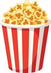 Classic red and white striped bucket filled high with delicious popcorn snacks isolated on transparent background