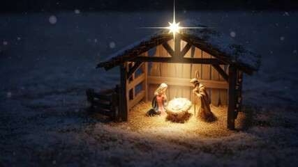 Peaceful nativity scene under starry night with subtle snowfall. 4k Video footage