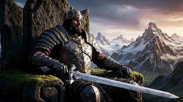Majestic fantasy warrior king on throne amidst mountain landscape