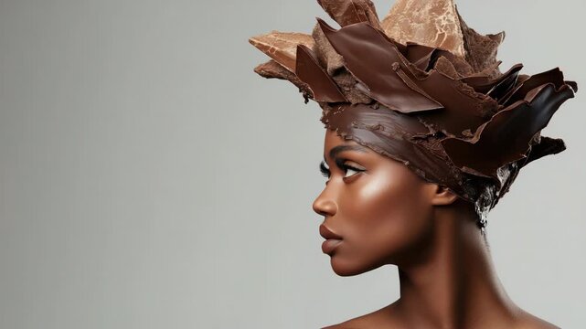Elegant fusion: fashion model with chocolateinspired headpiece in detailed closeup