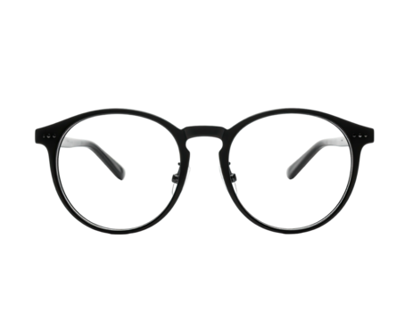 Front view of round black eyeglasses with clear lenses, set against a black background