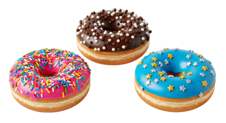 Delicious donuts with various toppings isolated on transparent background