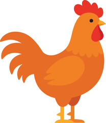 Bright orange rooster standing proudly with red comb and tail feathers isolated on transparent background
