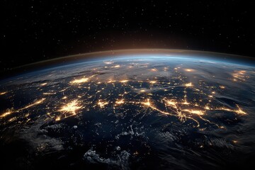 Fototapeta premium Earth at night from space showing city lights and atmospheric perspective in dark blue sky with stars