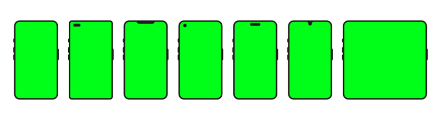Different types of phones with green screens. Smartphones, tablets, and mobile devices with blank green display for mockups, app previews, UI design, and digital content placeholders.