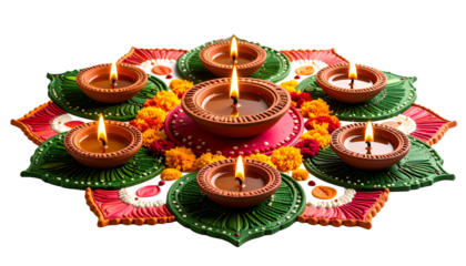 Colorful Diwali rangoli decorated with traditional clay oil lamps and bright festive patterns isolated on white background