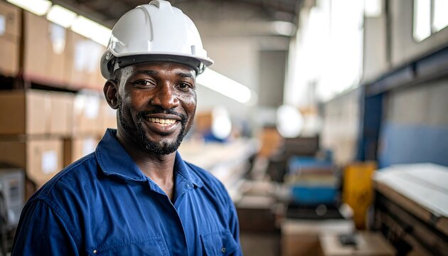 A smiling Black man in a blue jumpsuit and white hard hat poses for a photo inside a warehouse or factory setting - Powered by Adobe