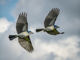 Pair of Blue-headed Vireos Flying in Realistic Cloud Sky