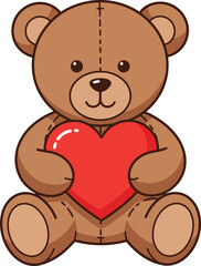 Adorable brown teddy bear holding a shiny red heart perfect for valentine's day and gifts isolated on transparent background