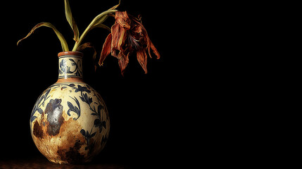 Wilting flower in an elegant renaissance vase symbolizing mortality, decay, and the passage of time