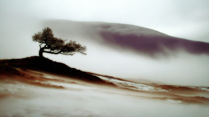 Lone tree standing on a hill, enduring strong wind and thick atmospheric fog in a vast, desolate landscape