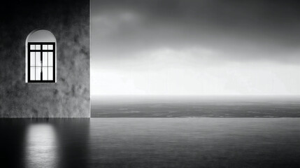 Arched window offering a view to a vast, dark, cloudy horizon, expressing isolation, hope, and contemplating future prospects