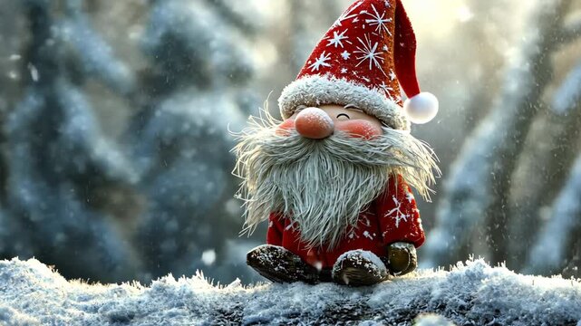 Cute Christmas gnome doll with white beard wears red hat sitting on snowy ground. Winter forest holiday decoration. Greeting card. Snow falling background. 2026 happy new year