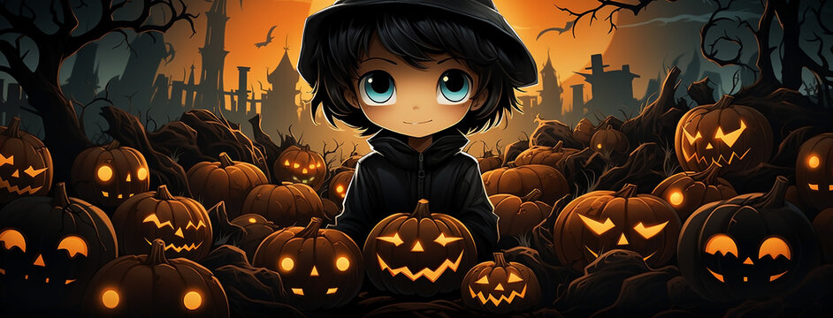Creative cartoon style Halloween art with a black-hatted boy and glowing orange pumpkins in a dark fantasy setting. 