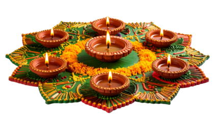 Colorful Diwali rangoli decorated with traditional clay oil lamps and bright festive patterns isolated on white background