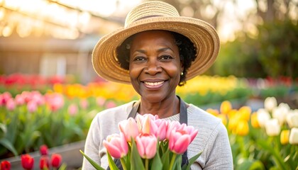 A smiling Black woman in a straw hat holds pink tulips in a sunny garden setting, surrounded by colorful blooms