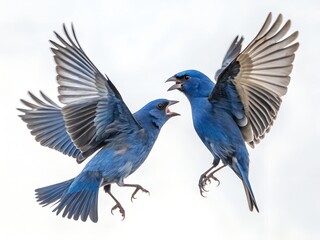 Blue Grosbeaks Fighting Mid-Air Isolated on White