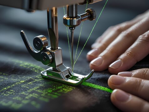 Sewing machine stitching black fabric with glowing green thread forming computer code &mdash; fusion of craft and digital technology in an ultra-realistic photo.