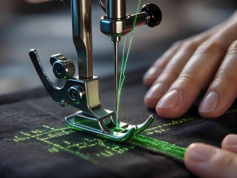 Sewing machine stitching black fabric with glowing green thread forming computer code &mdash; fusion of craft and digital technology in an ultra-realistic photo.