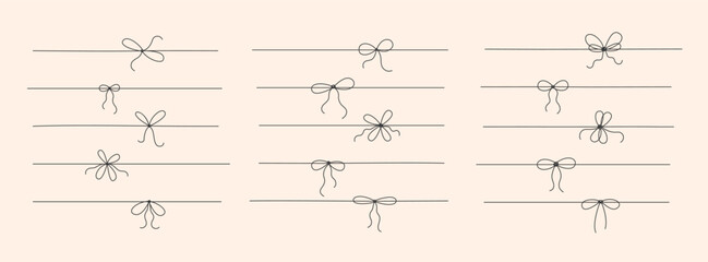 Minimal line ribbon, knot with tie bow. Outline hand drawn sketch string for gift box, package, present. Simple vector illustration