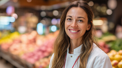 Smiling employee at a grocery store showcasing fresh fruits and vegetables
