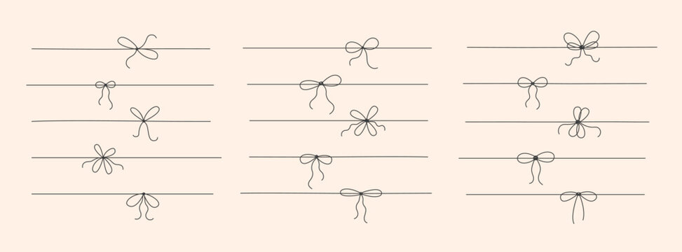 Minimal line ribbon, knot with tie bow. Outline hand drawn sketch string for gift box, package, present. Simple vector illustration