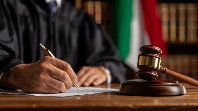 A judge gavel with a Italy flag. Wooden judge&rsquo;s gavel resting on desk with a judge .Wooden judge&rsquo;s gavel resting on desk with a judge in the background in courtroom setting.
