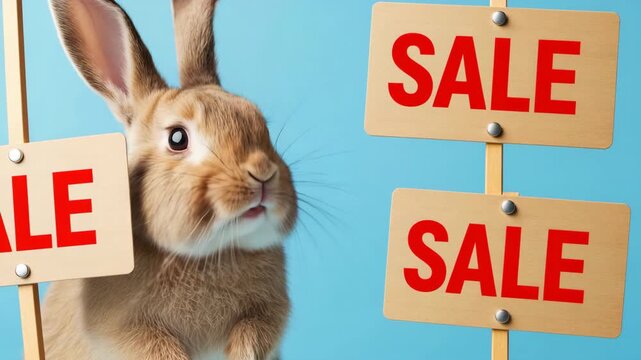 Curious rabbit encounters sale signs in a playful sequence against a blue background