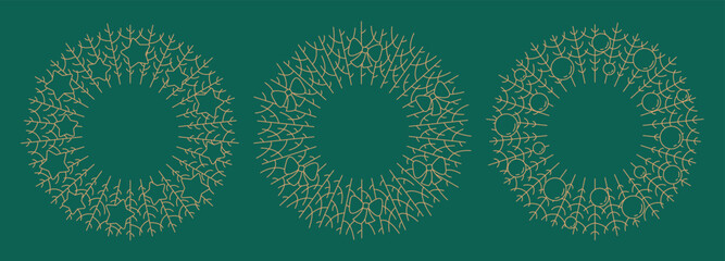 Line decorative Christmas wreath for door. Cute simple foliage with star, bow, ball. Gold linear minimalist vector icons, graphics