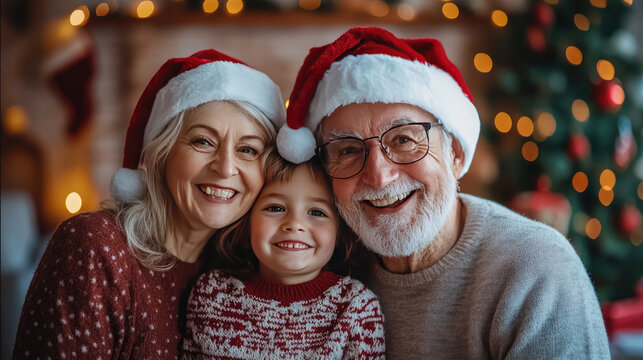 Family video call grandparents with grandson on phone for christmas greetings, room decoration, joy of screen sharing,