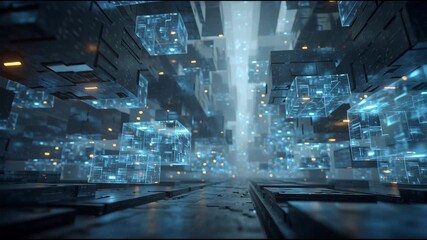 Futuristic digital cityscape, glowing neon structures with sleek lines, immersive environment for technology or sci-fi themes. - Powered by Adobe