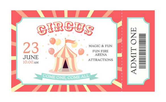 Flat vector illustration of a circus ticket with festive design, tent, balloons, and stars. Bright and cheerful layout suitable for both kids and adults. Perfect for posters, invitations, and events.