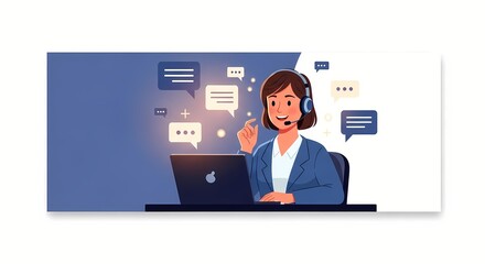 Friendly customer support representative with headset and laptop illustration
