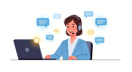 Smiling Woman Customer Support Agent with Laptop and Chat Bubbles
