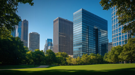 Obraz premium Corporate glass tower stands with blue sky, green trees, and bright sunlight, presenting a clean and inviting office exterior.