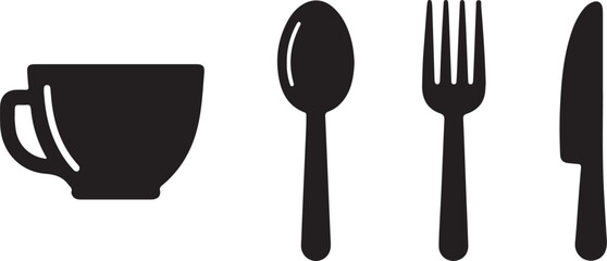 Black Silhouetteof Cup, Spoon, Fork, and Knife Kitchen and Dining Vector Illustration.