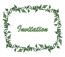 Border decorative of hand drawn delicate twigs with green leaves, greeting card, floral border, text invitation, vector illustration isolated on white background