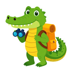 Obraz premium Cute alligator explorer with backpack and binoculars PNG vector, adventurous animal cartoon, jungle expedition illustration, wildlife travel character design for kids and fun themes