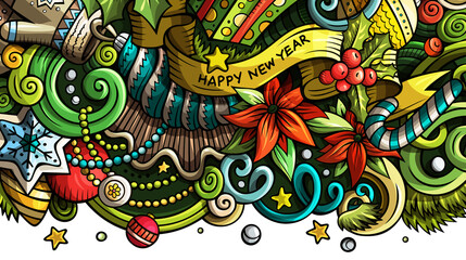New Year cartoon funny doodle banner design