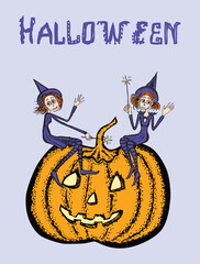 Halloween greeting card, two small witches sitting on pumpkin, text, vector illustration